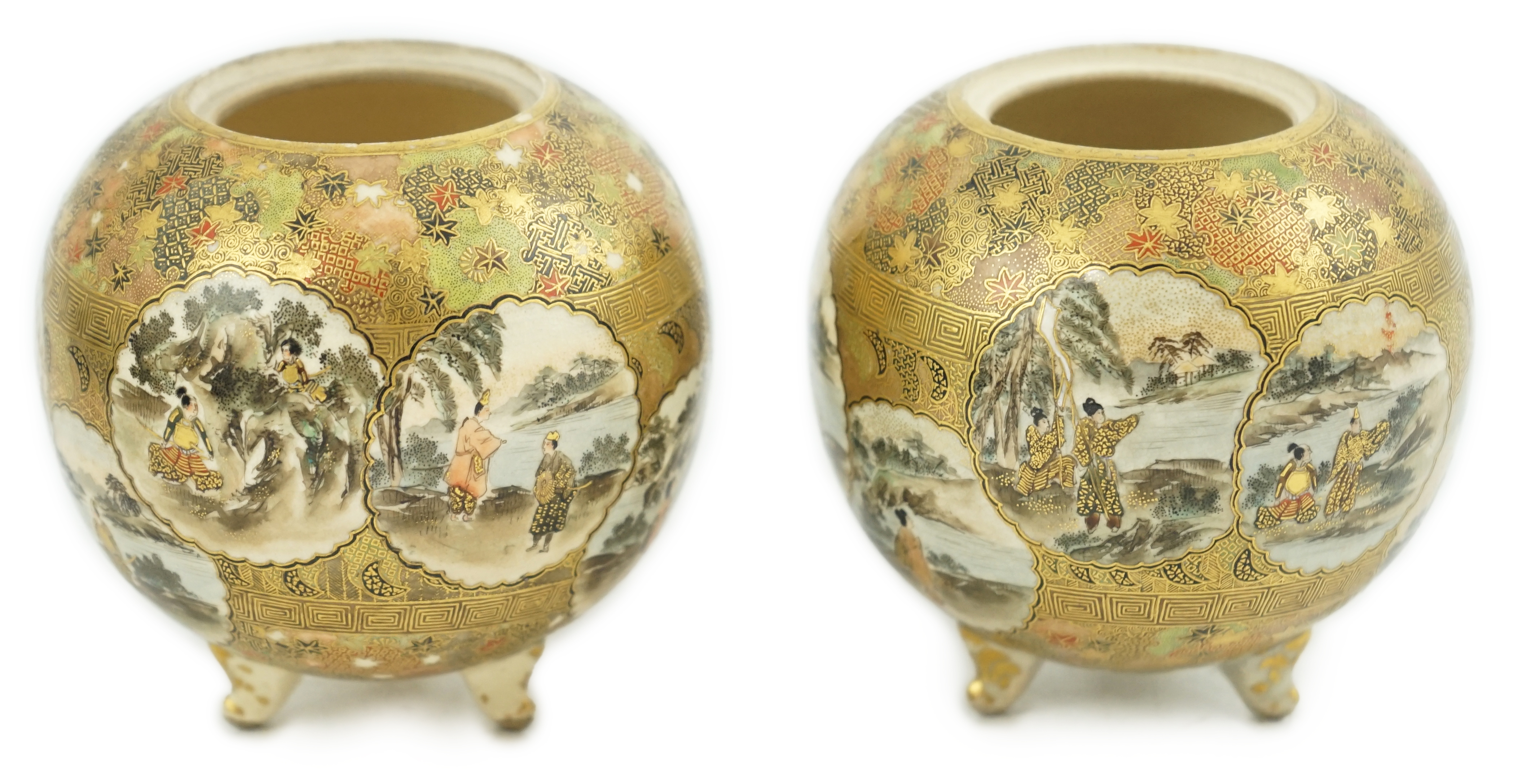 A pair of Japanese Satsuma globular koros, Meiji period